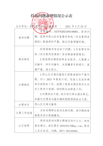 投诉问题办理情况公示表（受理编号：D2YN202104140081）