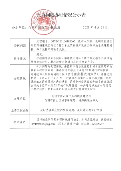 D2YN202104190065投诉问题办理情况公示表（西山区）