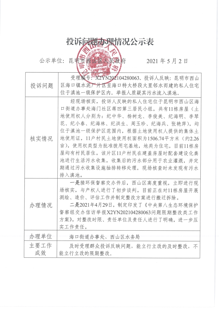 中央环保督察投诉问题办理情况公示表（受理编号：X2YN202104280063）_页面_1