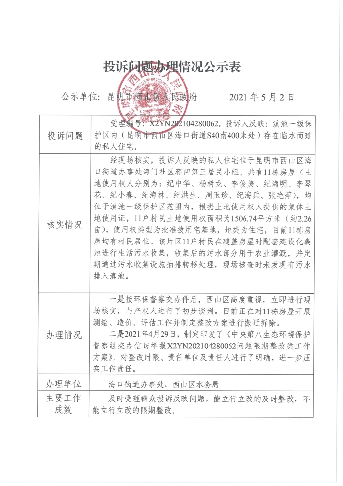 中央环保督察投诉问题办理情况公示表（受理编号：X2YN202104280062） _页面_1