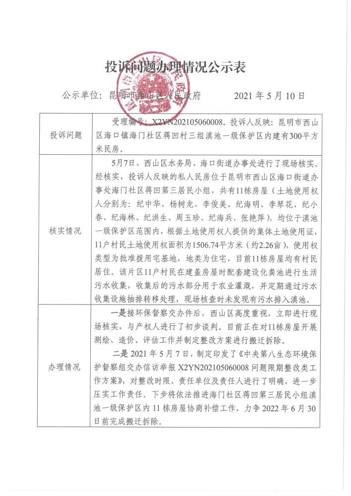 中央环保督查投诉问题办理情况公示表（受理编号：X2YN202105060008）_页面_1
