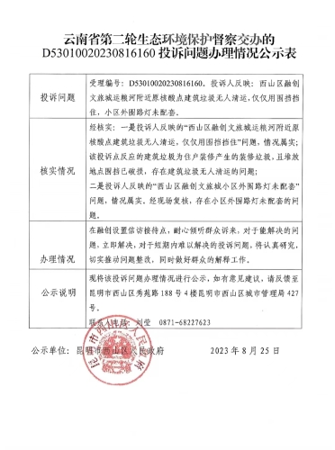关于云南省第二轮生态环境保护督察D53010020230816160交办投诉问题办理情况公示表