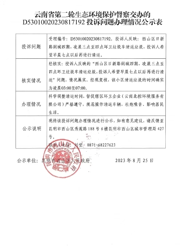 关于云南省第二轮生态环境保护督察D53010020230817192交办投诉问题办理情况公示表
