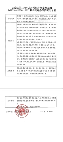 关于云南省第二轮生态环境保护督察D53010020230817207交办投诉问题办理情况公示表