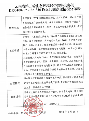 关于云南省第二轮生态环境保护督察D53010020230821346交办投诉问题办理情况公示表