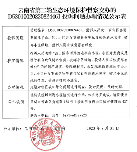 关于云南省第二轮生态环境保护督察D53010020230824461交办投诉问题办理情况公示表