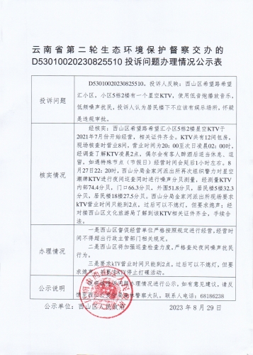 云南省第二轮生态环境保护督察交办的D<span style='background-color:;'>53010020230825510</span>投诉问题办理情况公示表