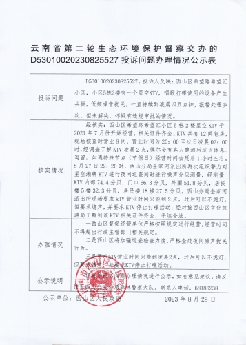 云南省第二轮生态环境保护督察交办的D<span style='background-color:;'>53010020230825527</span>投诉问题办理情况公示表