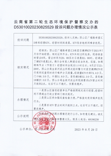 云南省第二轮生态环境保护督察交办的D<span style='background-color:;'>53010020230825529</span>投诉问题办理情况公示表