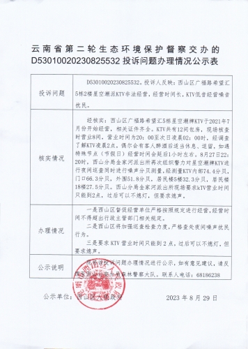 云南省第二轮生态环境保护督察交办的D<span style='background-color:;'>53010020230825532</span>投诉问题办理情况公示表