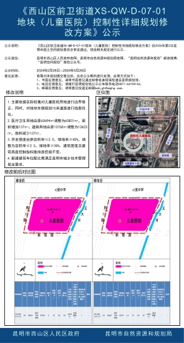 《西山区前卫街道XS-QW-D-07-01地块（儿童医院）控制性详细规划修改方案》公示