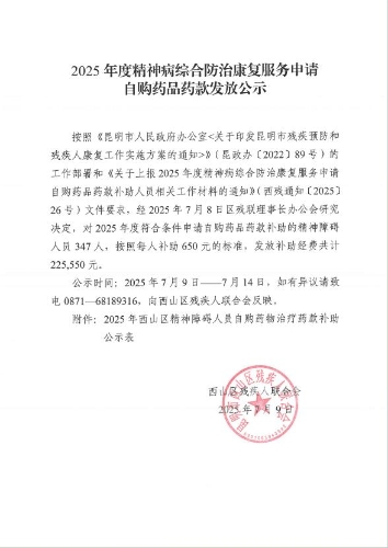 2025年度精神病综合防治康复服务申请自购药品药款发放公示